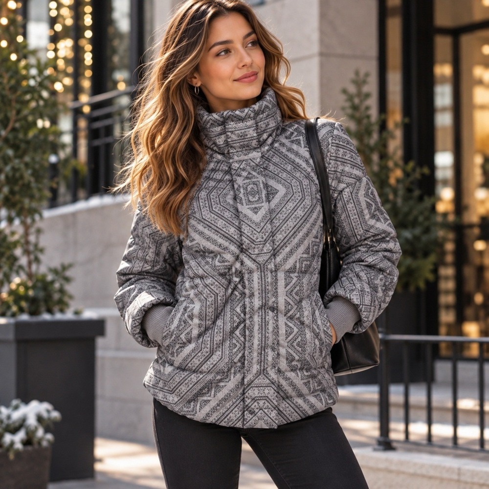 Prana Jacket Women Small Grey Geometric Puffer Coat Lily Gull Gorpcore Boho